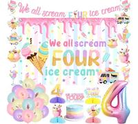 Jollyboom We All Scream Four Ice Cream Party Decor, Ice Cream 4th Birthday Decorations Cake Topper Backdrop Banner Hanging Swirls Ceiling Streamers Table Honeycomb Centerpieces Number 4 Foil Balloons