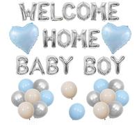 Jollyboom Welcome Home Baby Boy Decorations, Blue Silver Welcome Home Baby Boy Balloon Banner Blue White Balloons Heart Foil Balloons for Boys Newborn Birthday Party Baby Shower