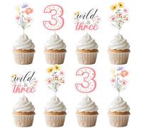 Jollyboom Wildflower 3rd Birthday Party Decorations, 24pcs Young Wild and Three Decorations Cupcake Toppers for 3 Year Old Girl Flower Floral Daisy Party