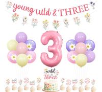 Jollyboom Wildflower 3rd Birthday Party Decorations, Young Wild and Three Decorations Banner Garland Cake Cupcake Toppers Number 3 Foil Balloons for 3 Year Old Flower Floral Daisy Party