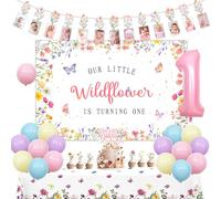 Jollyboom Wildflower First Birthday Decorations, Our Little Wildflower Is Turning One Decorations Backdrop Photo Banner Cupcake Toppers Tablecloth Number 1 Floral 1st Birthday Party Girl