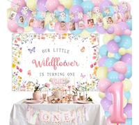 Jollyboom Wildflower First Birthday Decorations, Our Little Wildflower Is Turning One Decorations Backdrop Photo High Chair Banner Cake Topper Number 1 Floral 1st Birthday Party Girl