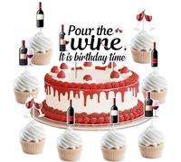 Jollyboom Wine Red Birthday Decorations Women Girl, 25pcs Wine Tasting Pour The Wine It's Birthday Time Cake Cupcake Toppers for Burgundy Bday Party