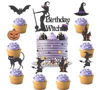 Jollyboom Witch Birthday Decorations Cake Topper, Birthday Witch Cake Topper Ghost Bat Cat Pumpkin Magic Theme Cupcake Toppers for Girls Women Witches Halloween Autumn Birthday Party