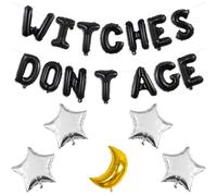 Jollyboom Witches Party Decorations for Women, Witches Don't Age Foil Birthday Balloon Banner Moon Star Balloons for Girl Women Witch Halloween Happy Birthday Haunted House Party Supplies