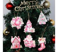 Jollyboom Wooden Christmas Ornaments - Pink, 24 Pcs Tree Hanging Ornaments: Santa Claus, Snowman, Winter Holiday Party