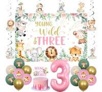 Jollyboom Young Wild and Three Birthday Decorations, Pink Safari Jungle Animal 3rd Birthday Young Wild and Three Backdrop Hanging Swirls Cake Topper Sage Green Pink 3 Foil Balloon for 3 Year Old Party