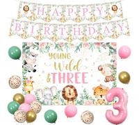 Jollyboom Young Wild and Three Decorations, Jungle Pink Safari 3rd Animal Birthday Decorations Backdrop Banner Sage Green Pink Gold Balloons Number 3 Foil Balloon for 3 Year Old Birthday