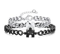 JollyDragon Partner Bracelets for Couples - Puzzle Bracelet in Silver & Black with Adjustable Curb Chain & Heart Design - Includes Greeting Card, The Ideal Couple Gift for Valentine's Day and