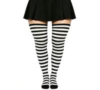 JollyDragon Women's Plus Size Thigh High Socks - Extra Long Breathable Black White Striped Over The Knee Stockings, Non-Slip Stay-Up Top for Daily Casual & Cosplay,Masquerade