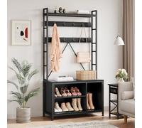 JOLLYTOP Coat Rack with Shoe Storage, Industrial Hall Tree with Shoe Bench Wooden and Metal Frame Coat Stand for Bedroom, Living Room, Entryway, Hallway, Black