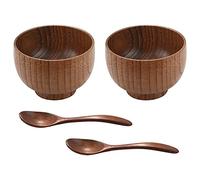Jolsaawie 4 Pieces Wooden Handmade Bowl and Spoon for for Rice Serving Home Kitchen Tableware