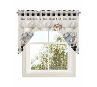 Jolunifun Chef Gnomes Swag Valance Kitchen Curtains, Rod Pocket Valance Curtain Panels for Bedroom Living Room Bathroom Cafe Windows, Black White Plaid Cake Dessert Cooking 56''x36''