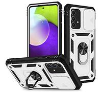 JOMA-E Shop Case with Slide Camera Cover, Ring Holder, Military Grade Protective Silicone Shockproof Tough Armor Hard Mobile Phone Cover for Samsung Galaxy A52 5G/A52S (White)