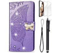 JOMA-E Shop For Honor 400 Pro 5G Flip Case 3D Glitter Bling Sparkly Gems Butterfly Stand PU Leather Wallet Card Slots Magnetic Shockproof Phone Cover Screen Protector (Light Purple)