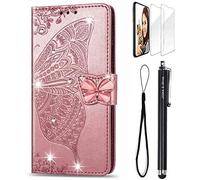 JOMA-E Shop For Honor 400 Pro 5G Flip Case 3D Glitter Bling Sparkly Gems Butterfly Stand PU Leather Wallet Card Slots Magnetic Shockproof Phone Cover Screen Protector (Rose Gold)