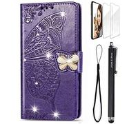 JOMA-E Shop For Samsung Galaxy A56 5G Flip Case 3D Glitter Bling Sparkly Gems Butterfly Stand PU Leather Wallet Card Slots Magnetic Shockproof Phone Cover Screen Protector (Purple)