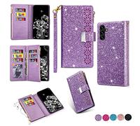JOMA-E Shop for Samsung S24 FE Case Wallet, Glitter Carving Zipper Handbag with 9 Card Slots & Wrist Strap,Stand Flip Protective Cover for Women Magnetic Galaxy S24 FE Phone Case (Purple, S24 FE)