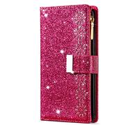 JOMA-E Shop Samsung A22 5G Case Wallet,Glitter Carving Zipper Handbag with 9 Card Slots & Wrist Strap,Stand Flip Protective Cover for Women Magnetic Phone Case for Samsung galaxy a22 5g (Rose Red)