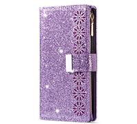 JOMA-E Shop Samsung A22 5G Case Wallet,Glitter Carving Zipper Handbag with 9 Card Slots & Wrist Strap,Stand Flip Protective Cover for Women Magnetic Phone Case for Samsung galaxy a22 5g (Purple)