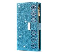 JOMA-E Shop Samsung A22 5G Case Wallet,Glitter Carving Zipper Handbag with 9 Card Slots & Wrist Strap,Stand Flip Protective Cover for Women Magnetic Phone Case for Samsung galaxy a22 5g (Sky Blue)