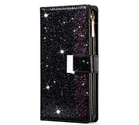 JOMA-E Shop Samsung A22 5G Case Wallet,Glitter Carving Zipper Handbag with 9 Card Slots & Wrist Strap,Stand Flip Protective Cover for Women Magnetic Phone Case for Samsung galaxy a22 5g (Black)