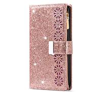 JOMA-E Shop Samsung A22 5G Case Wallet,Glitter Carving Zipper Handbag with 9 Card Slots & Wrist Strap,Stand Flip Protective Cover for Women Magnetic Phone Case for Samsung galaxy a22 5g (Rose Gold)