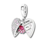 JOME 925 Silver Paw Print Heart Charm - Bead Compatible with European Bracelets - Pet Design with Cubic Zirconia