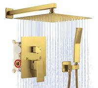 JOMEOO 12" Brushed Gold Shower System Wall Mounted High Pressure Rain Shower Head with Handheld Shower Head Bathroom Luxury Gold Shower Head Shower Faucet Set Rough Valve Body and Trim