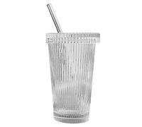 Jomewory Ribbed Glassware, Iced Coffee Glasses with Lids and Straws, Portable 375ml Iced Coffee Glass Drinking Cups for Coffee, Coocktail, Tea, Water, Beer