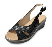 JOMIX Women's Comfortable Sandals Low Wedge 5 cm Summer with Rhinestones Adjustable Buckle Open Toe Peep Toe Non-Slip Sole Elegant Sandals for Elderly Walking Ceremony, Black, 7 UK