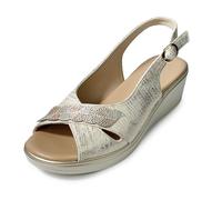 JOMIX Women's Comfortable Sandals Low Wedge 5 cm Summer with Rhinestones Adjustable Buckle Open Toe Peep Toe Non-Slip Sole Elegant Sandals for Elderly Walking Ceremony, beige, 6 UK