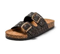 JOMIX Women's Elegant Sandals with Rhinestones Flat Summer Slippers Comfortable Double Buckles Cork Mules for Sea Beach, SD9157, Black, 5.5 UK