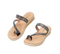 JOMIX Women's Sandals with Glitter and Toe Post Wedge Heel with Braided Edge Boho Shoes for Summer and Leisure, black, 5 UK