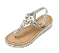 JOMIX Womens Sandals with Jewel Elegant Flat Summer Slippers Comfortable Slip On Flip Flops for Outdoor Indoor, SD8113, Silver, 7 UK