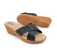 JOMIX Women's Summer Wedge Slippers Comfort Memory Made in Italy Comfortable Sandals with Metallic Cross-Bands, Soft Anatomic Footbed, Lightweight Non-Slip Sole for Home City and Leisure, Black, 4 UK