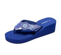 JOMIX Womens Wedge Flip Flops with Diamond Upper Ladies Summer Elegant Sandals Lightweight Casual Thong for Sea Beach, SD2565, Navy, 4 UK