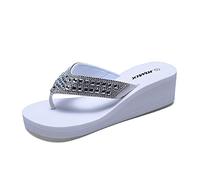 JOMIX Womens Wedge Flip Flops with Diamond Upper Ladies Summer Elegant Sandals Lightweight Casual Thong for Sea Beach, SD2566, White, 5 UK