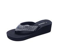 JOMIX Womens Wedge Flip Flops with Diamond Upper Ladies Summer Elegant Sandals Lightweight Casual Thong for Sea Beach, SD2566, Black, 5.5 UK