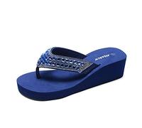 JOMIX Womens Wedge Flip Flops with Diamond Upper Ladies Summer Elegant Sandals Lightweight Casual Thong for Sea Beach, SD2566, Navy, 7 UK
