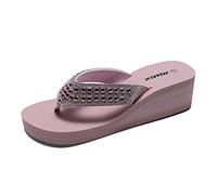 JOMIX Womens Wedge Flip Flops with Diamond Upper Ladies Summer Elegant Sandals Lightweight Casual Thong for Sea Beach, SD2566, Pink, 6.5 UK