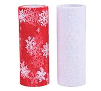 Jomnvo 2 Rolls Christmas Snowflake Tulle Roll Red White Tulle Rolls Sheer Fabric Spool Ribbon Glitter Organza Snowflake Gauze for Christmas Decor Gift Wrapping Bows Tutu Making Table Runner