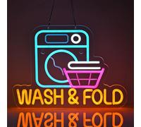 JOMOBUTY Wash & Fold Neon Sign for Laundry Room Wall Decor LED Light up Sign Business Signage for Home Laundromat Wash Room Decor Gift 16.1" x 11.8" Led Art Wall Hanging Decorative Lights