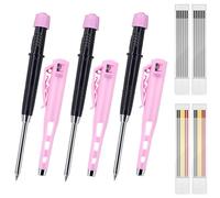 JOMPENS Deep Hole Marking Carpenter Pencil Set 55mm Long Nose - 3 Woodworking Pencils with 24 Refills, Protective Cap & Built-in Sharpener, Perfect for Construction and Workshop Use (Pink)