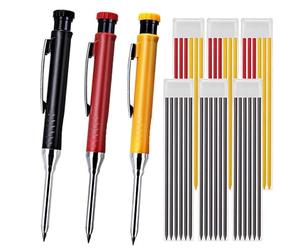 JOMPENS Professional 3-Pen Marking Kit - 36 Leads + Integrated Sharpeners - Deep Hole Tip, Long Nose Design - Ideal for Carpenters, Woodworkers, Industrial Use (Black, red, yellow)