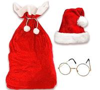 Jonami Santa Sack + Santa Hat and Glasses, Extra Large Velvet Santa Bag for Storing, Holiday Presents, Stocking Stuffers Traditional Red and White Christmas Hat
