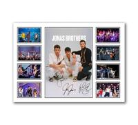 Jonas Brothers Signed Poster Print | Nick Joe Kevin | Burnin Up Sucker Lovebug | Disney Channel Pop Rock Memorabilia | Five Albums One Night Tour | Limited Edition Wall Art Gift (A4 Unframed)