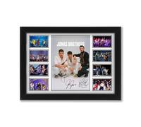 Jonas Brothers Signed Poster Print | Nick Joe Kevin | Burnin Up Sucker Lovebug | Disney Channel Pop Rock Memorabilia | Five Albums One Night Tour | Limited Edition Wall Art Gift (A4 Framed)