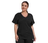 JONATHAN UNIFORM Stretch Women Mock Wrap Scrub Top with 4 Pocekts, Adjustable Work Uniform for Dental, Elderly Carer, Beauty (Black, L)