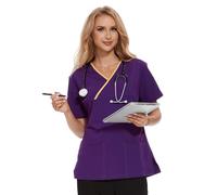 JONATHAN UNIFORM Women Stretch Tunic Top with 2 Functional Pockets, Mock Wrap Top for Elderly Care, Salon, Massage,Beauty (Purple, S)